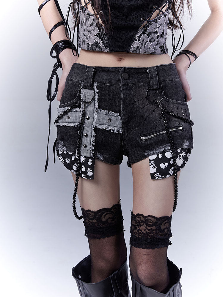 Punk Studded Chain Denim Micro Shorts