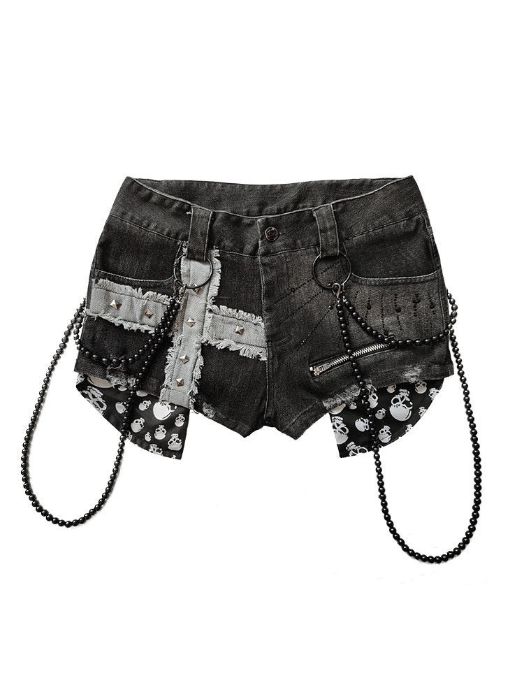 Punk Studded Chain Denim Micro Shorts