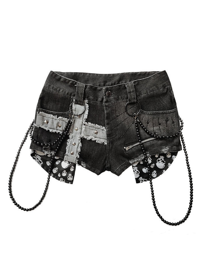 Punk Studded Chain Denim Micro Shorts