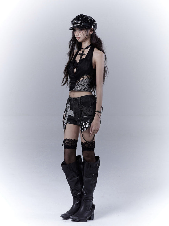 Punk Studded Chain Denim Micro Shorts