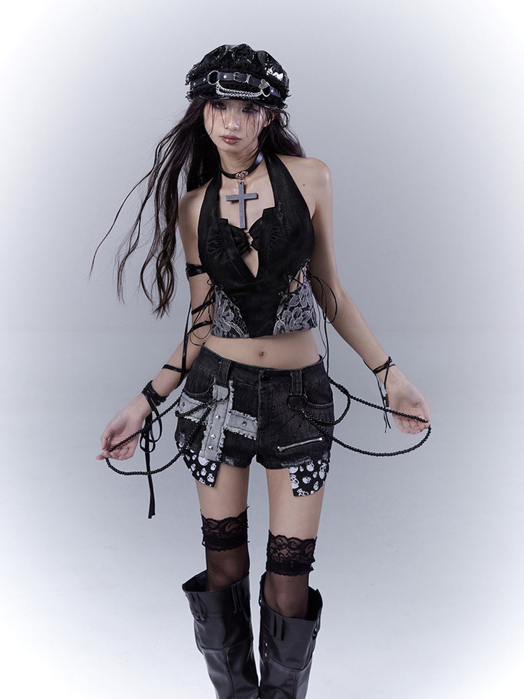 Punk Studded Chain Denim Micro Shorts