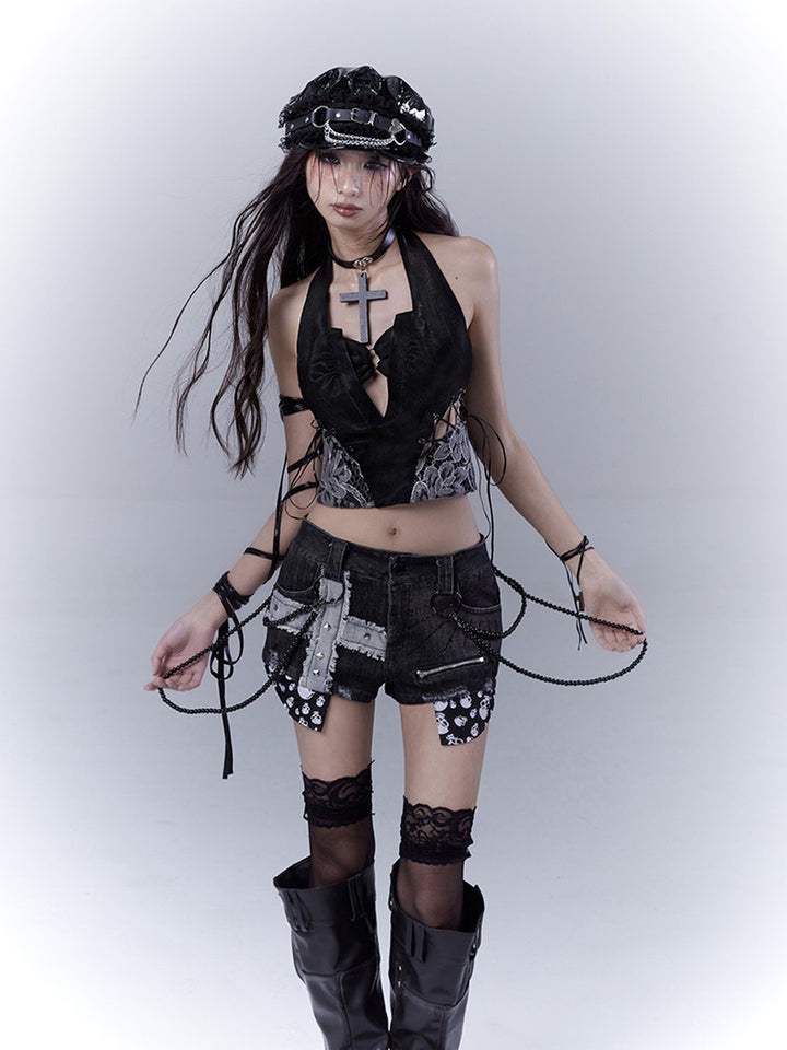 Punk Studded Chain Denim Micro Shorts