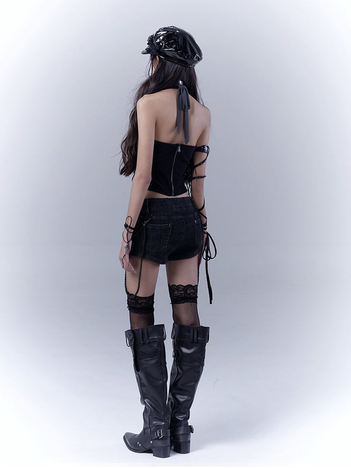 Punk Studded Chain Denim Micro Shorts