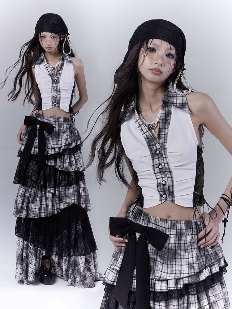 Plaid Lace-Up Halter Top