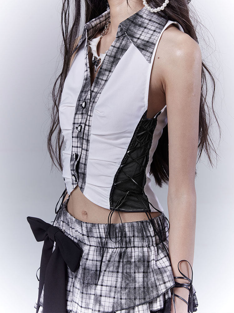 Plaid Lace-Up Halter Top