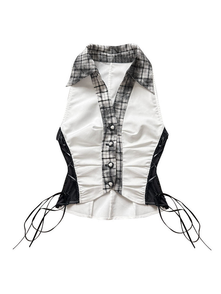 Plaid Lace-Up Halter Top