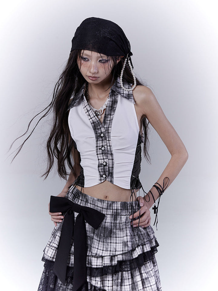Plaid Lace-Up Halter Top