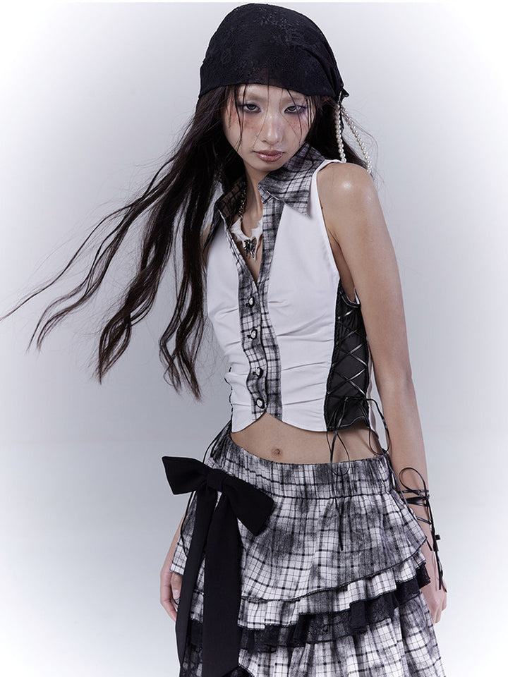 Plaid Lace-Up Halter Top