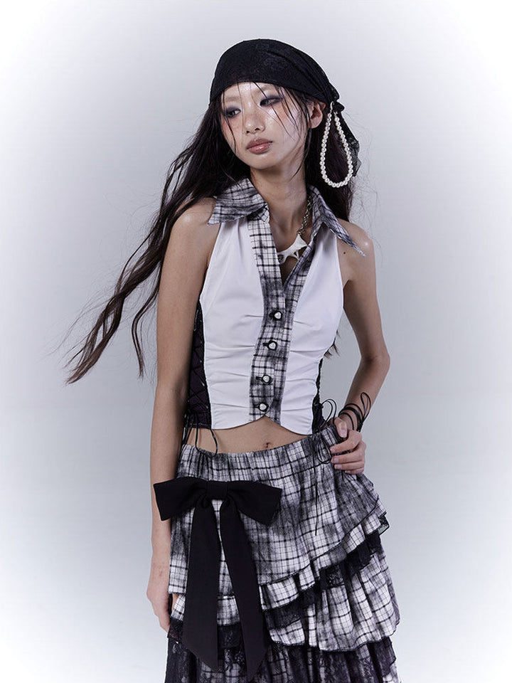 Plaid Lace-Up Halter Top