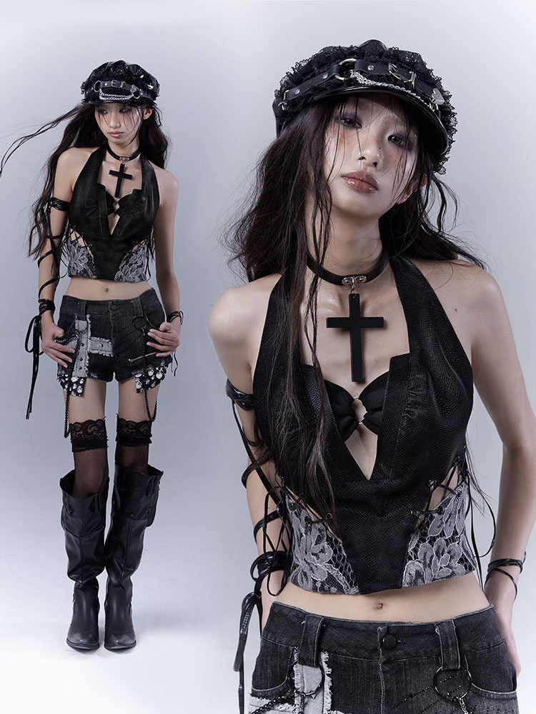 Gothic Lace-Up Halter Crop Top