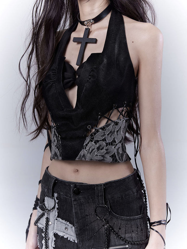 Gothic Lace-Up Halter Crop Top