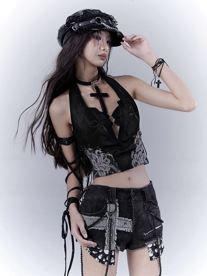 Gothic Lace-Up Halter Crop Top