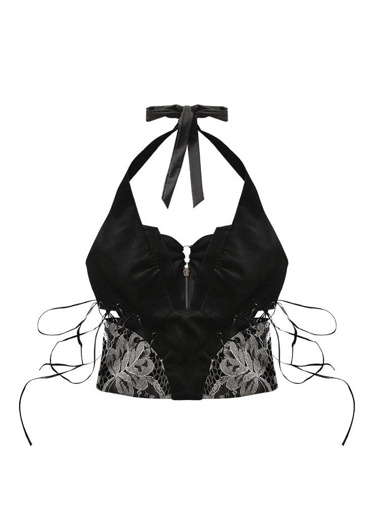 Gothic Lace-Up Halter Crop Top