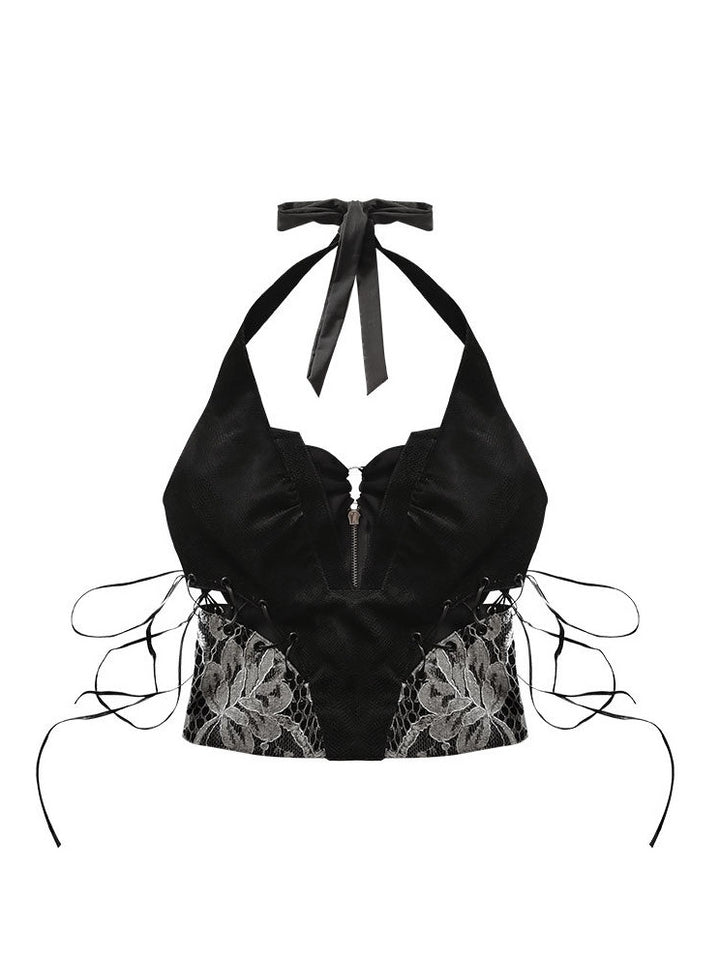 Gothic Lace-Up Halter Crop Top