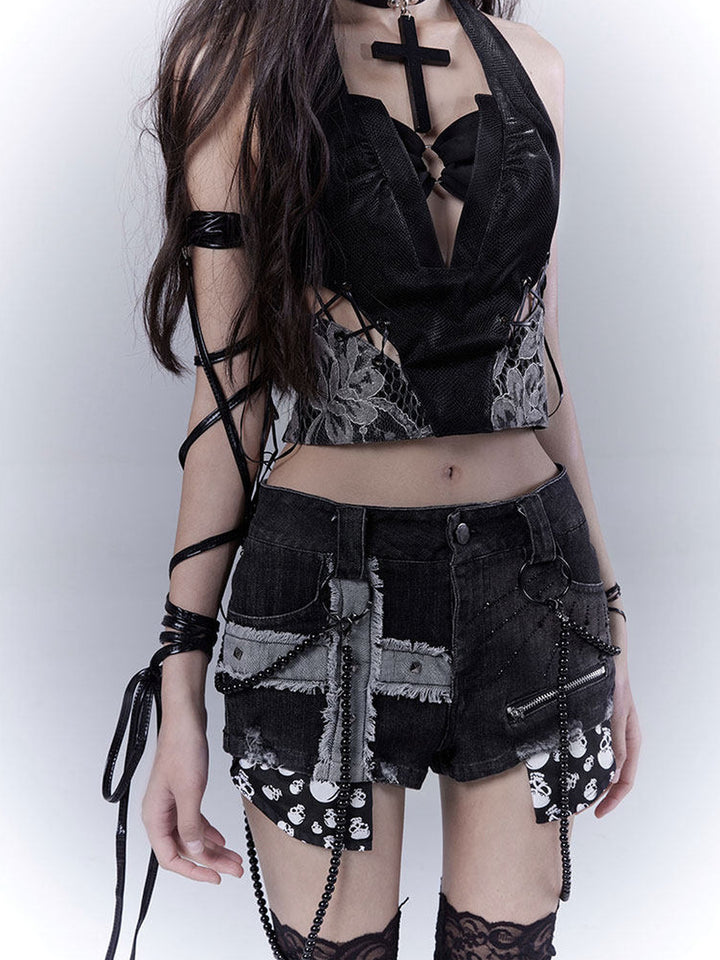 Gothic Lace-Up Halter Crop Top