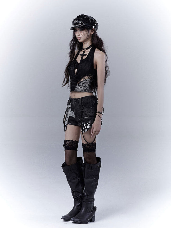 Gothic Lace-Up Halter Crop Top
