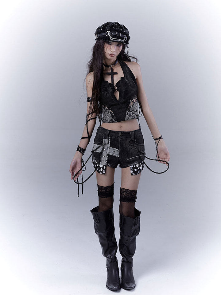 Gothic Lace-Up Halter Crop Top