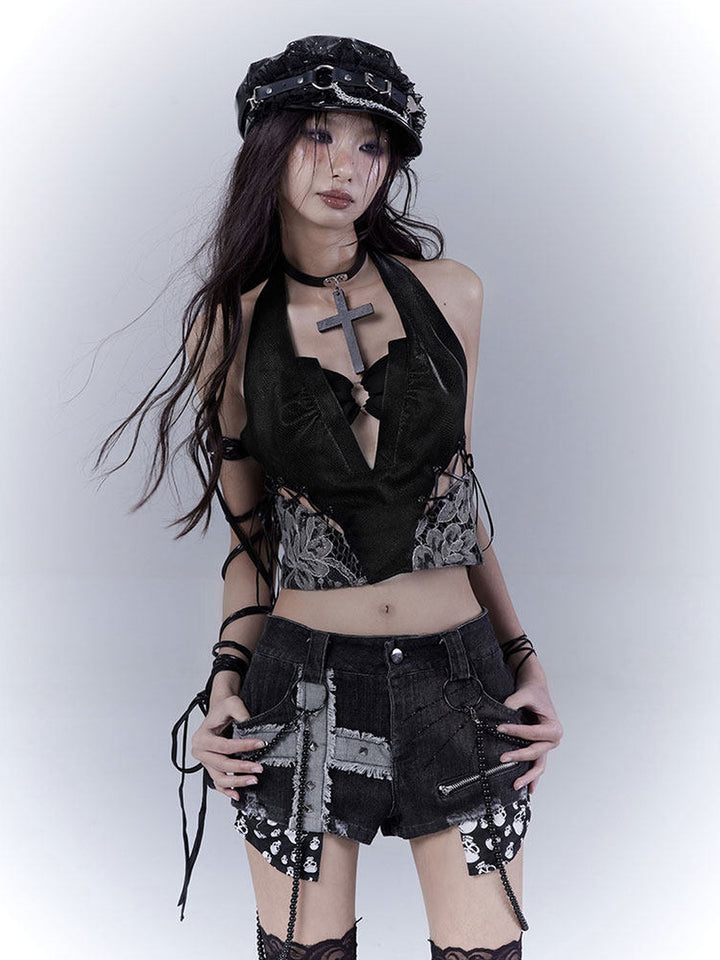 Gothic Lace-Up Halter Crop Top