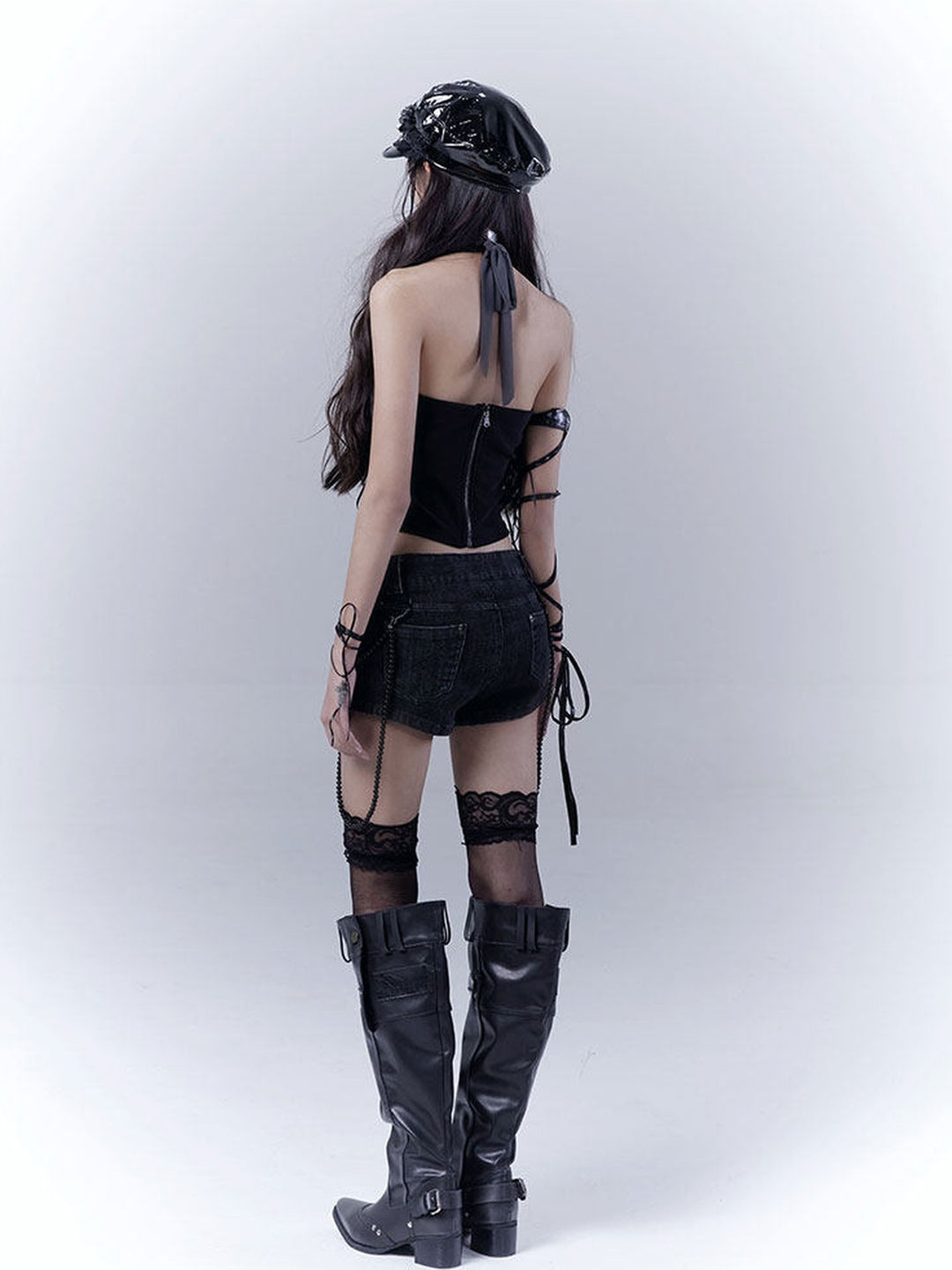 Gothic Lace-Up Halter Crop Top