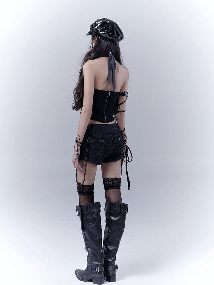 Gothic Lace-Up Halter Crop Top