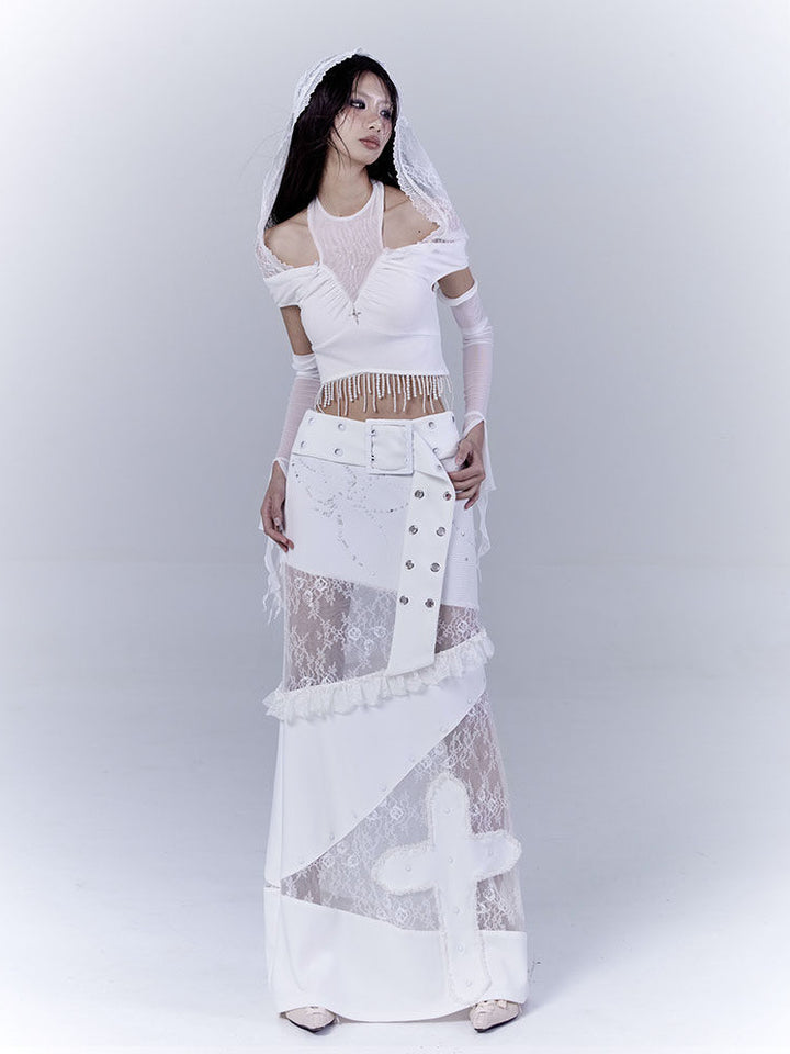 Gothic Cross Appliqué Maxi Skirt