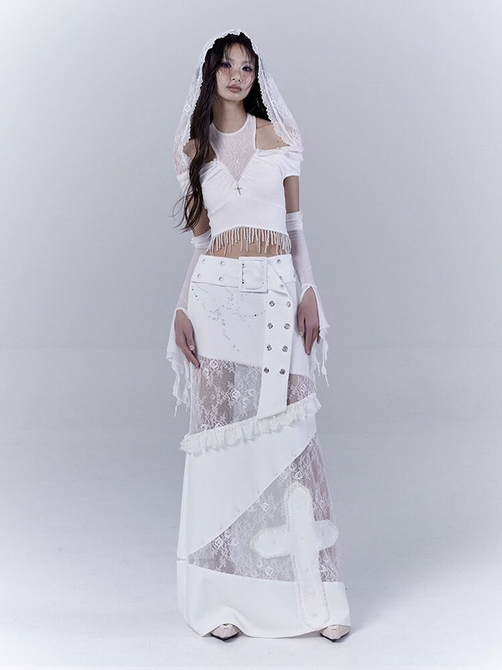 Gothic Cross Appliqué Maxi Skirt