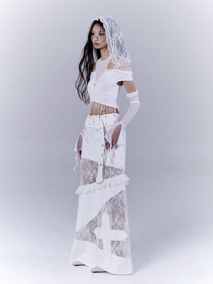 Gothic Cross Appliqué Maxi Skirt