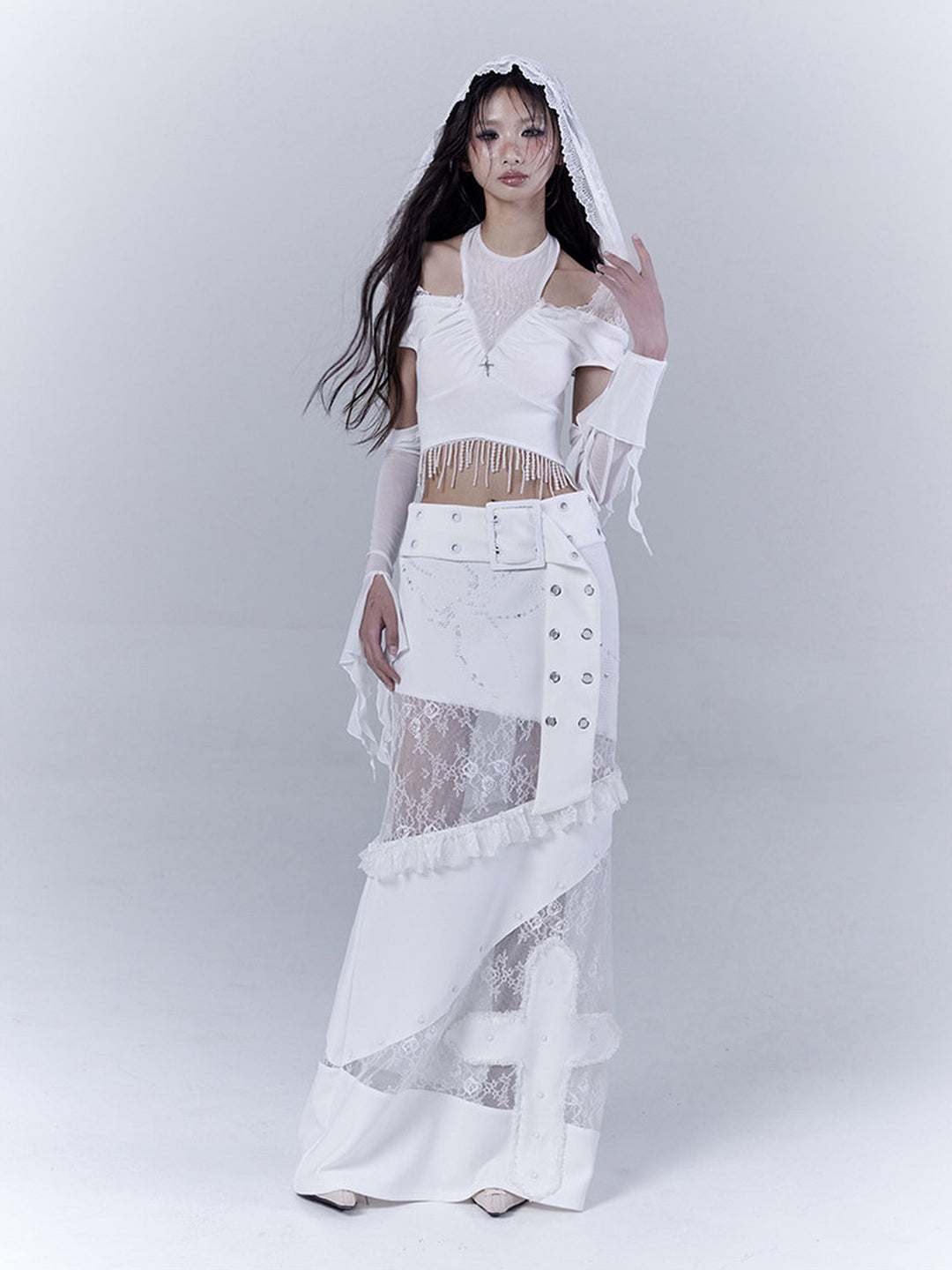 Gothic Cross Appliqué Maxi Skirt