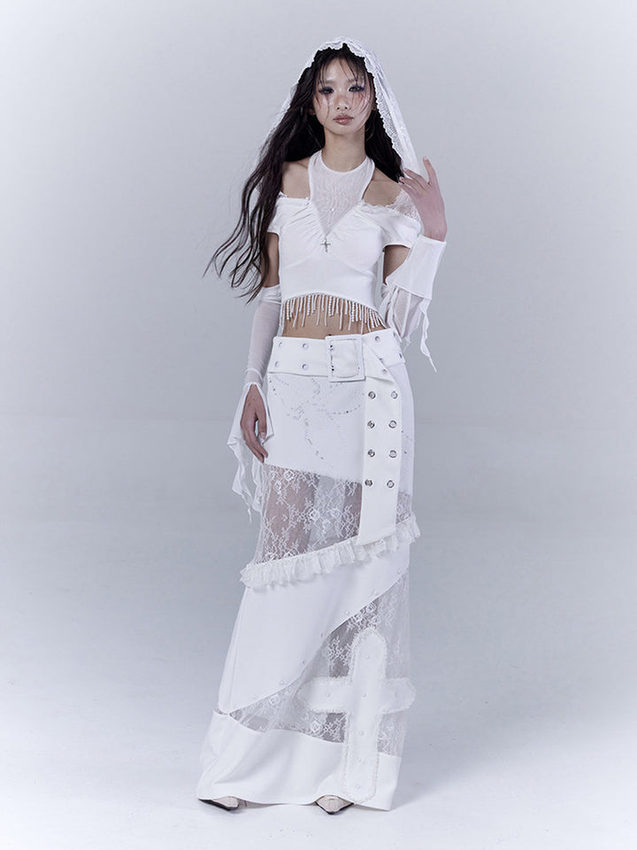 Gothic Cross Appliqué Maxi Skirt
