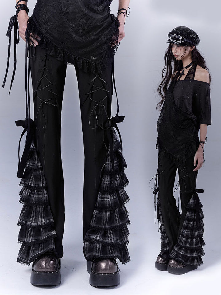 Gothic Plaid Ruffle Flare Pants