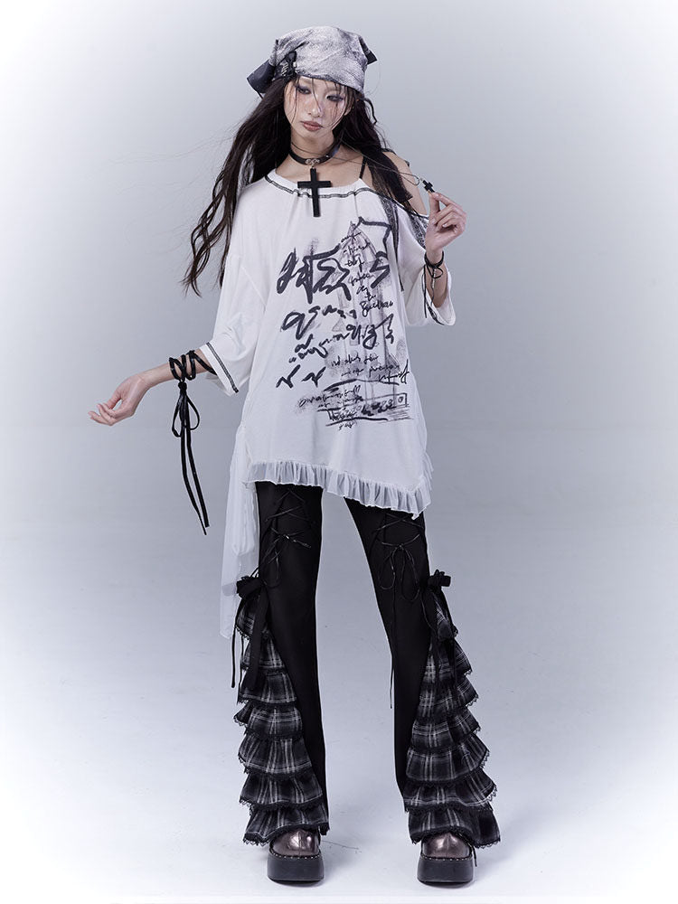 Gothic Plaid Ruffle Flare Pants