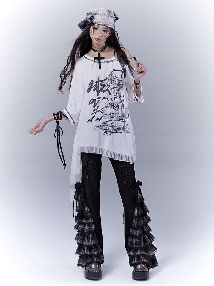Gothic Plaid Ruffle Flare Pants