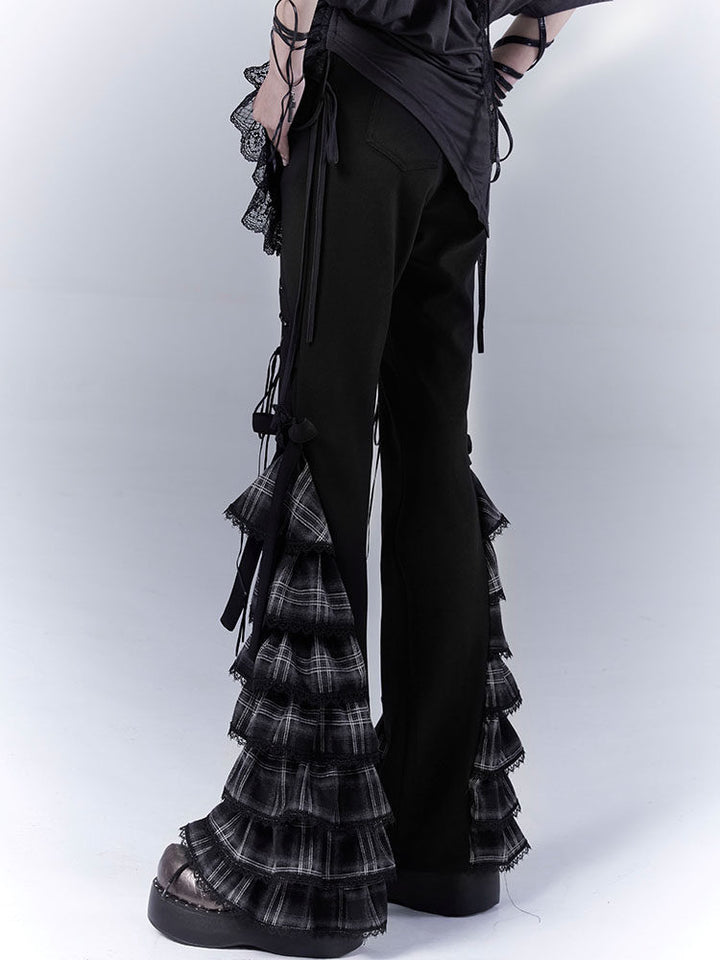 Gothic Plaid Ruffle Flare Pants