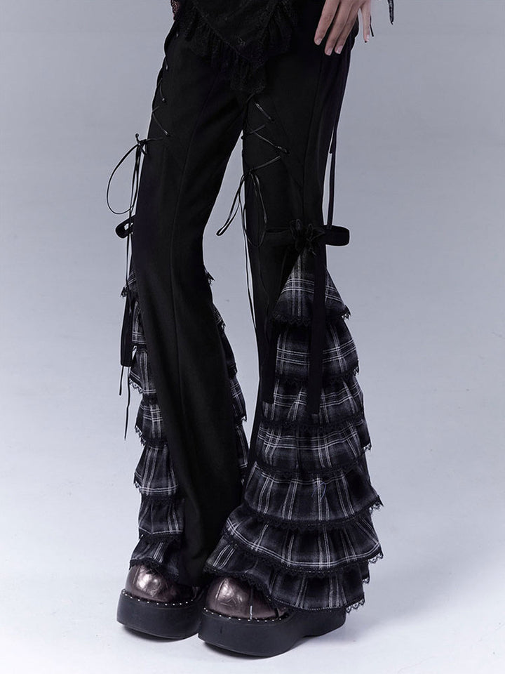 Gothic Plaid Ruffle Flare Pants