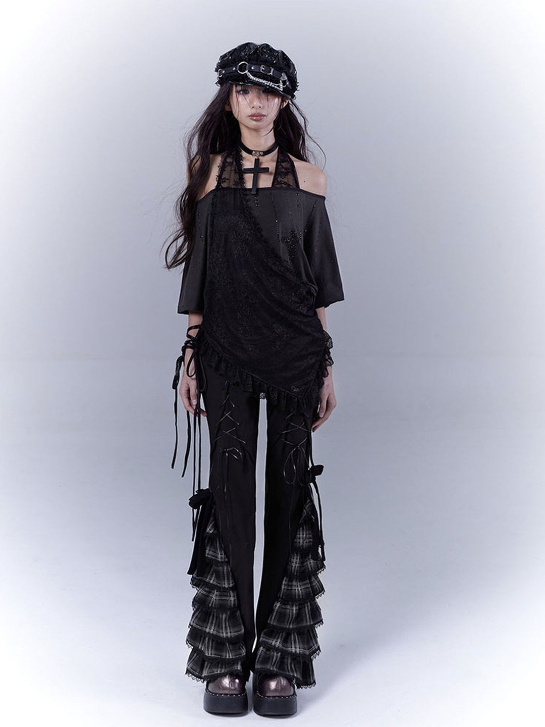 Gothic Plaid Ruffle Flare Pants