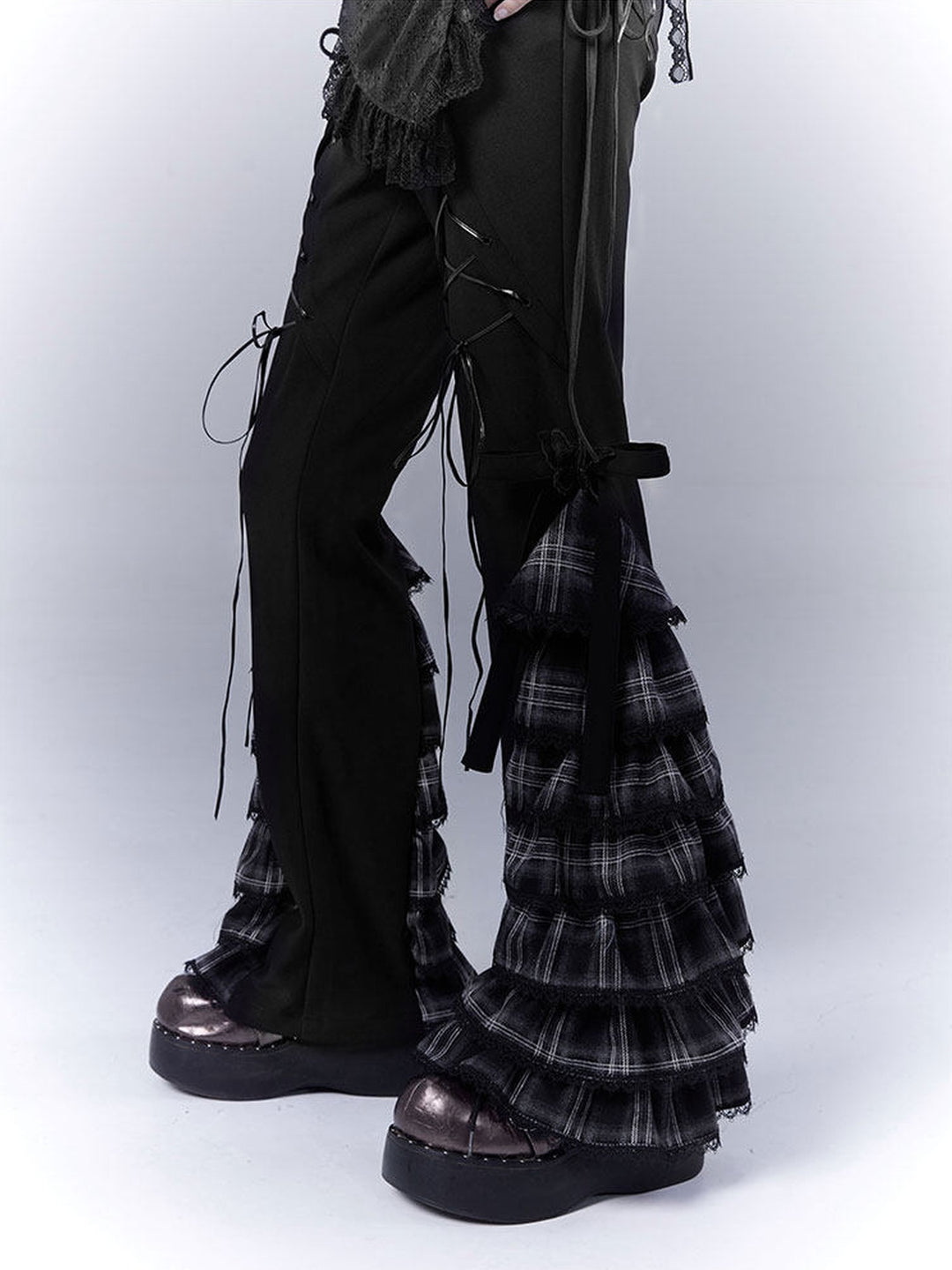Gothic Plaid Ruffle Flare Pants