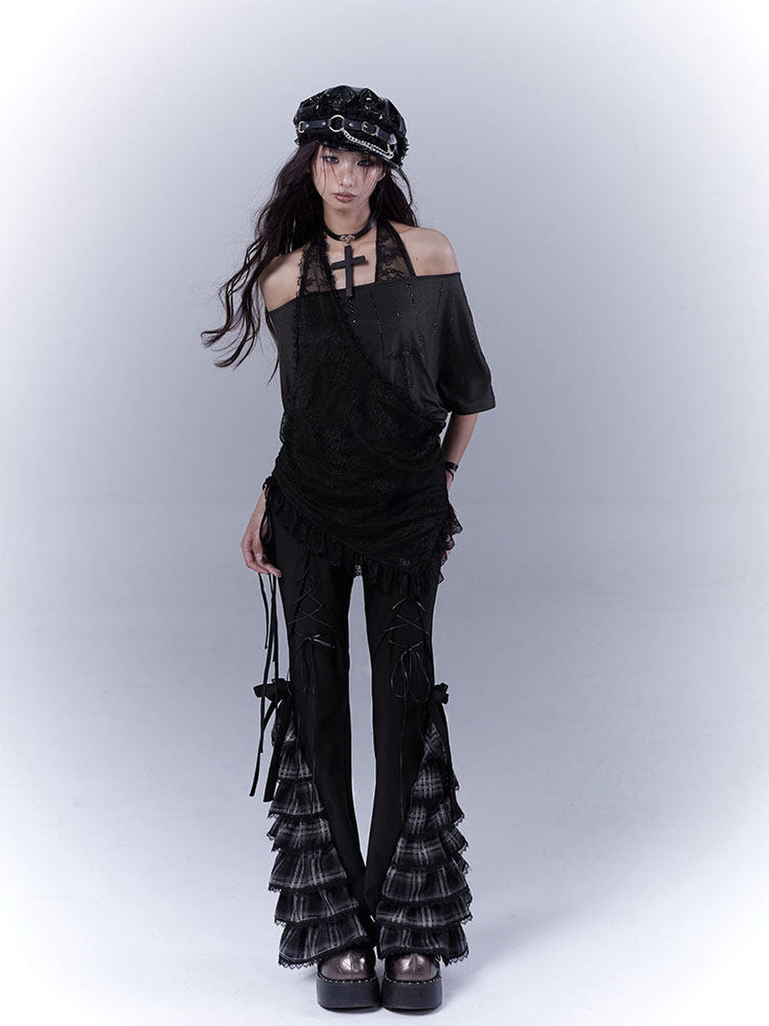 Gothic Plaid Ruffle Flare Pants