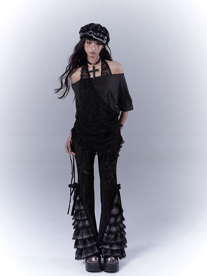 Gothic Plaid Ruffle Flare Pants