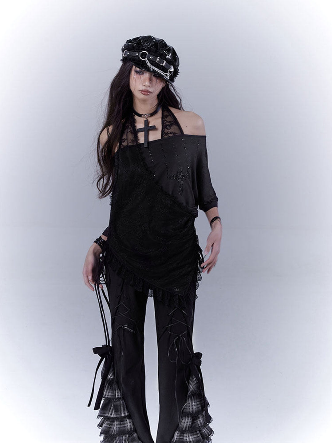 Gothic Plaid Ruffle Flare Pants
