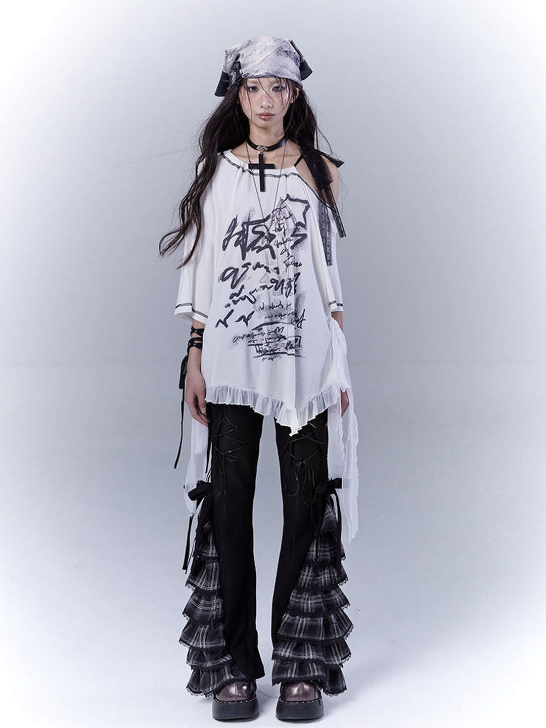 Gothic Plaid Ruffle Flare Pants