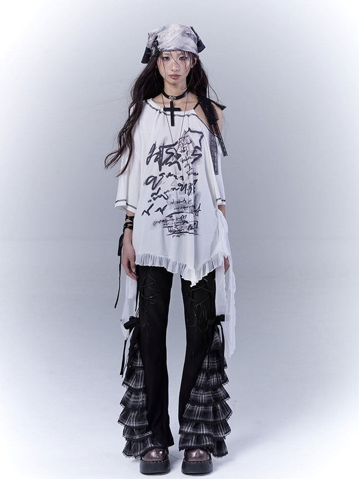 Gothic Plaid Ruffle Flare Pants