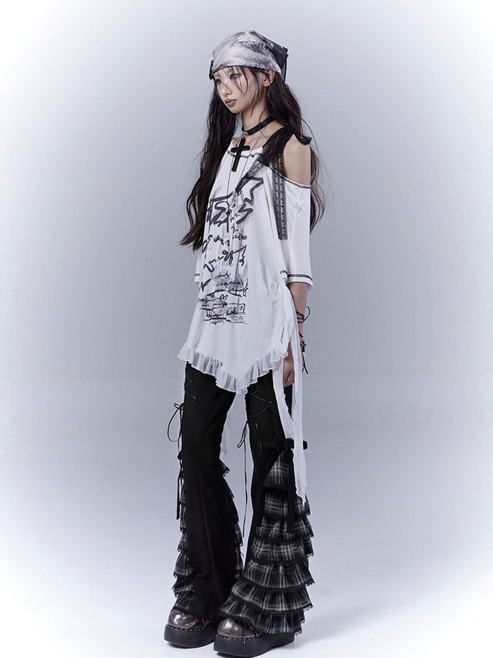 Gothic Plaid Ruffle Flare Pants
