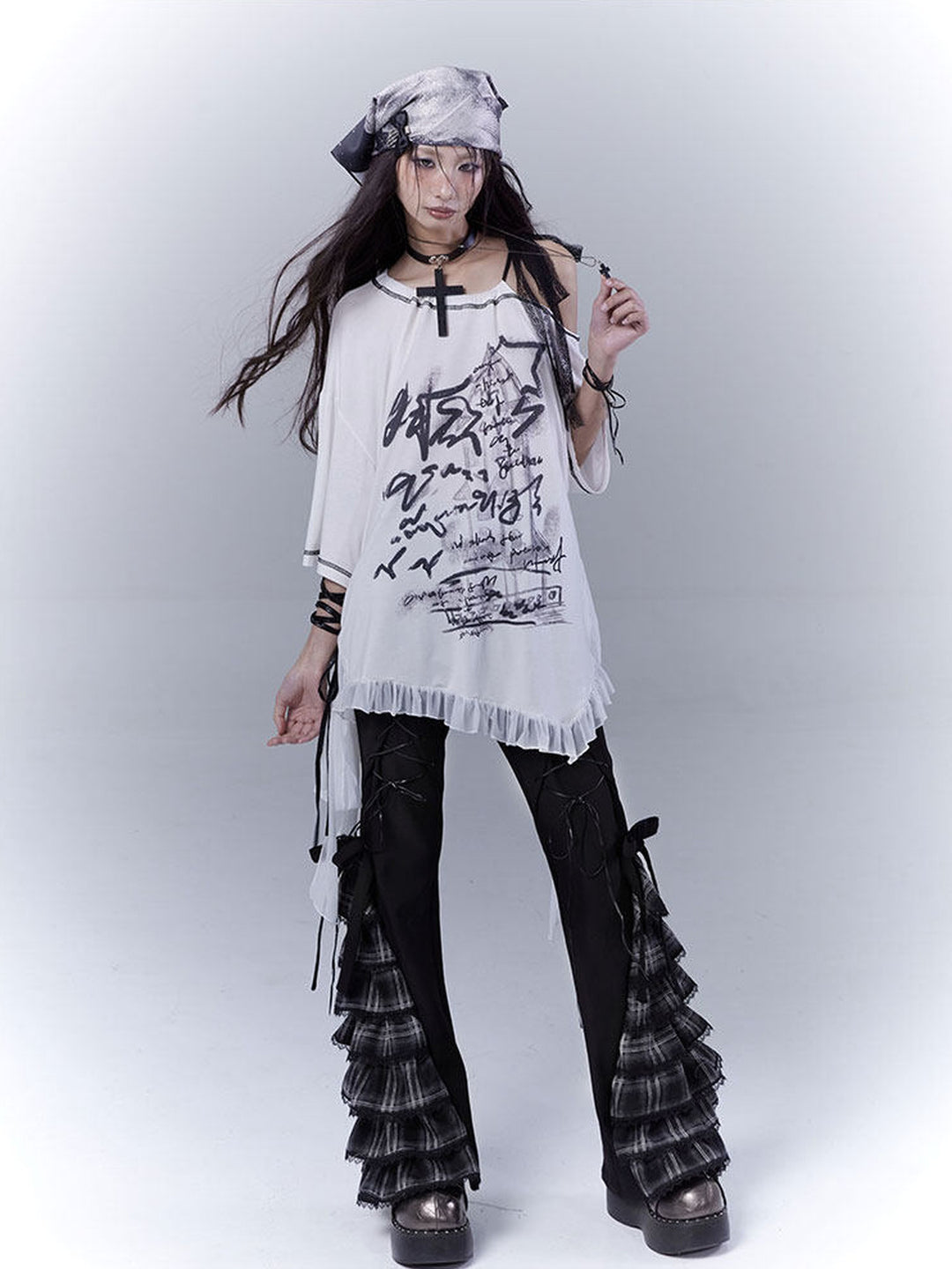 Gothic Plaid Ruffle Flare Pants