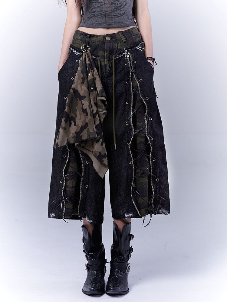 Grunge Camo Lace-Up Wide Leg Jeans