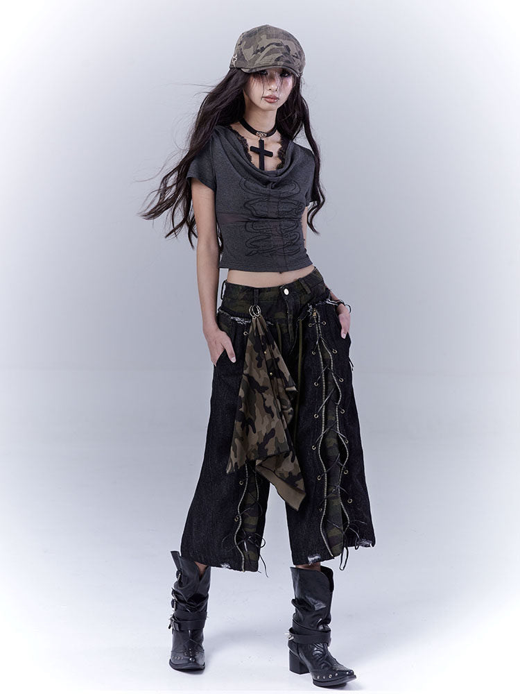 Grunge Camo Lace-Up Wide Leg Jeans