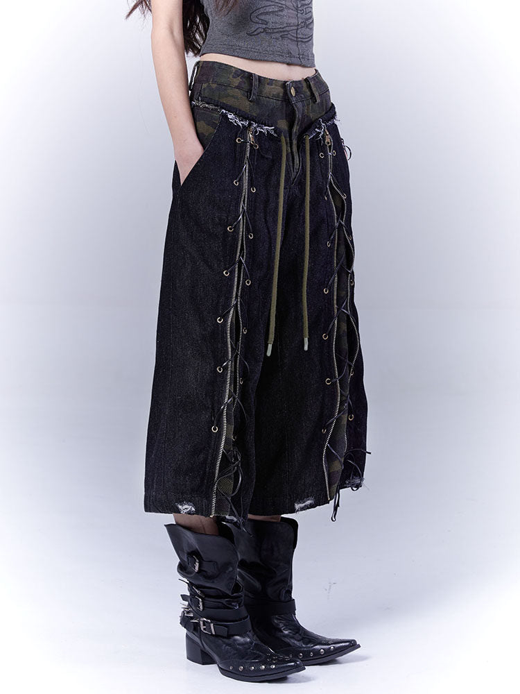 Grunge Camo Lace-Up Wide Leg Jeans