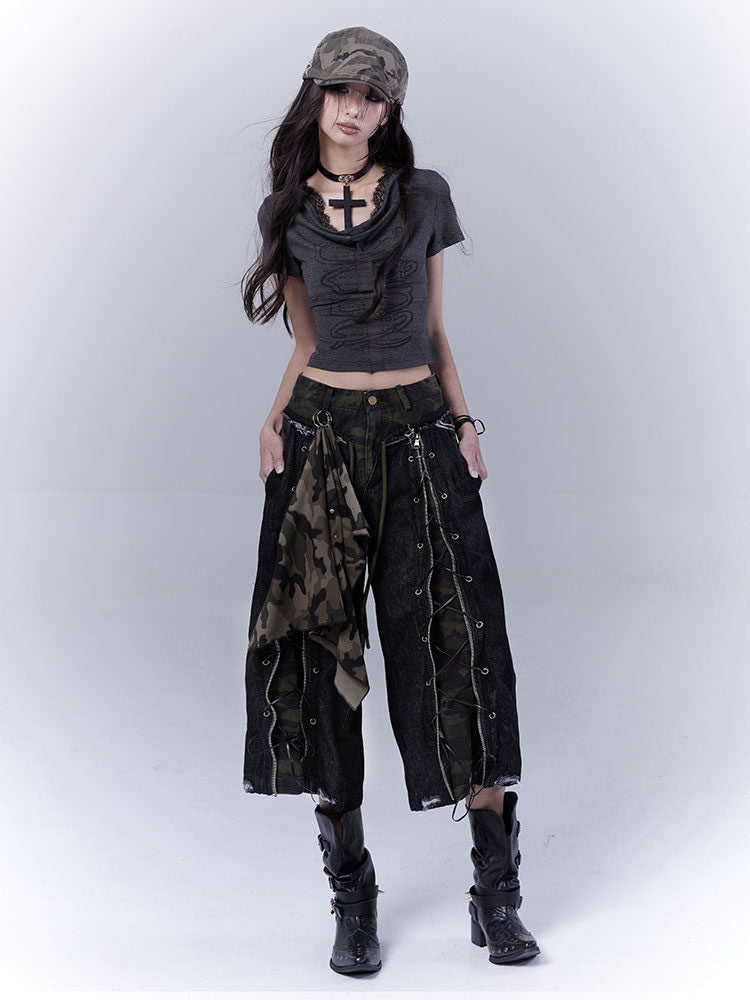 Grunge Camo Lace-Up Wide Leg Jeans