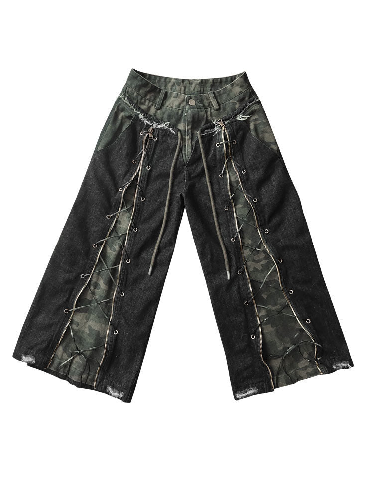 Grunge Camo Lace-Up Wide Leg Jeans