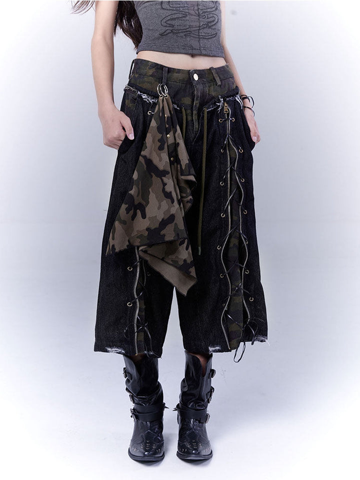 Grunge Camo Lace-Up Wide Leg Jeans
