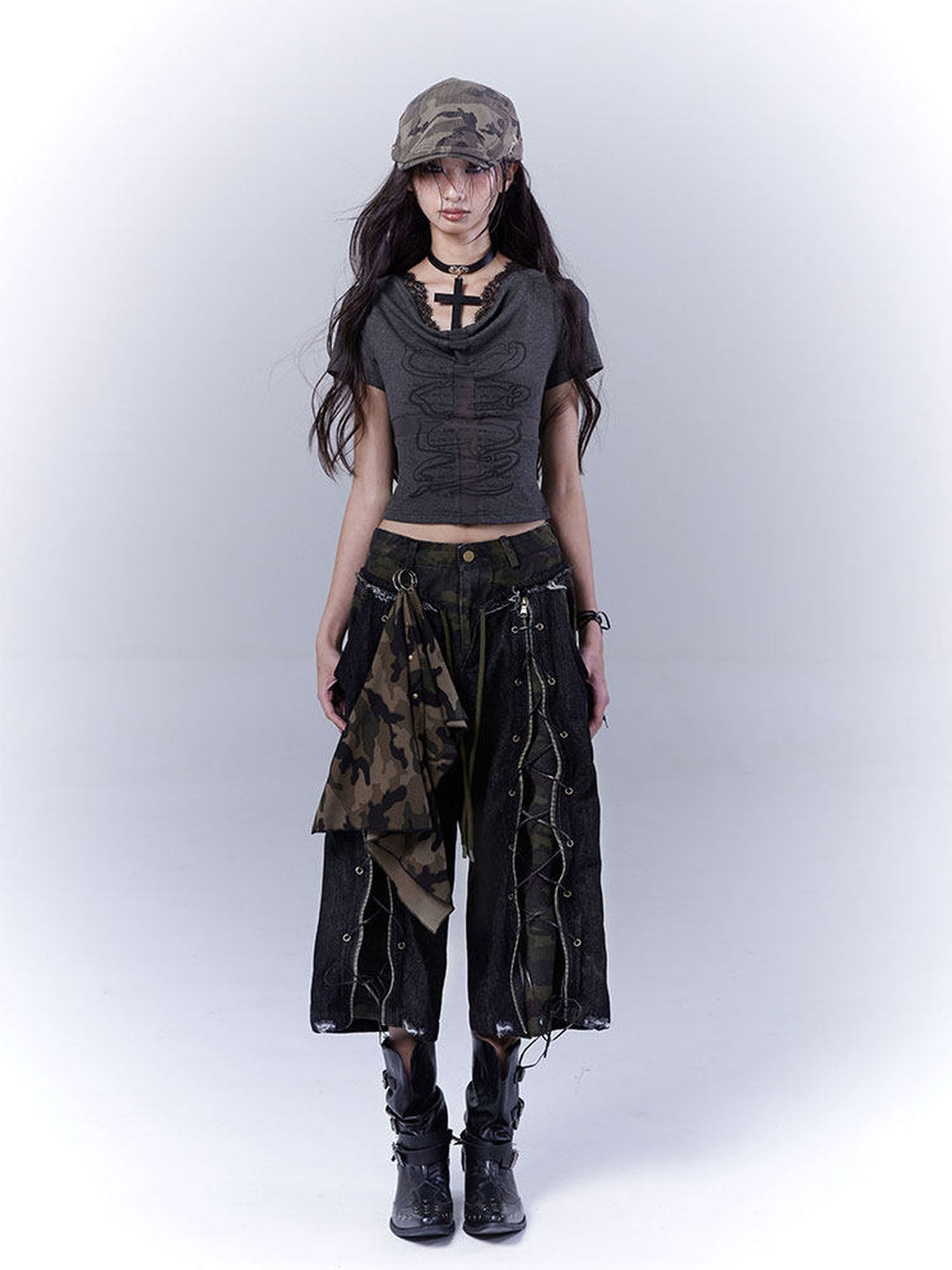 Grunge Camo Lace-Up Wide Leg Jeans